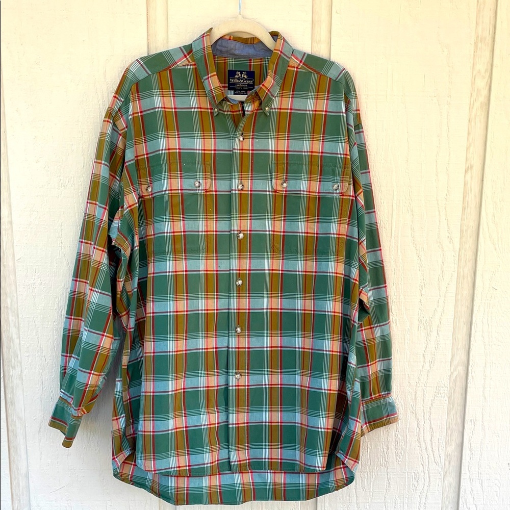 Willis & Geiger Outfitters Button Down Shirt Large Plaid Elbow Patch Vintage